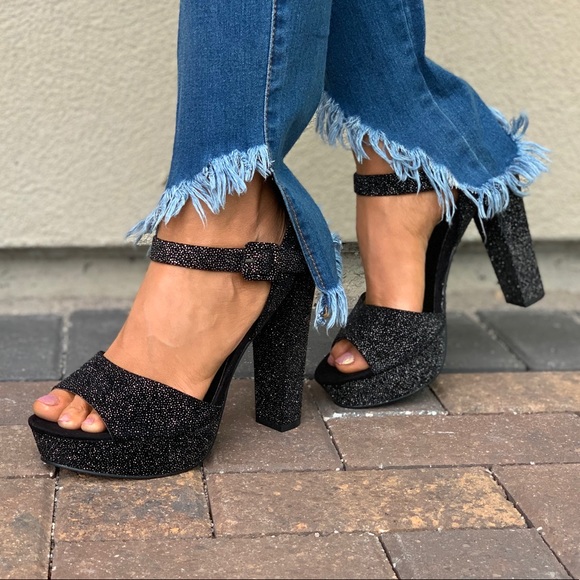 Midnight Black Shimmering Chunky Heel Platform - Picture 4 of 8